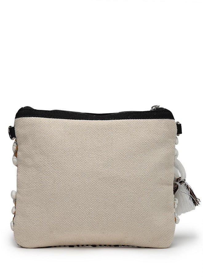 Anekaant Boho White, Black and Mustard Knot Stich Striped Canvas Dari Sling Bag - Image 5
